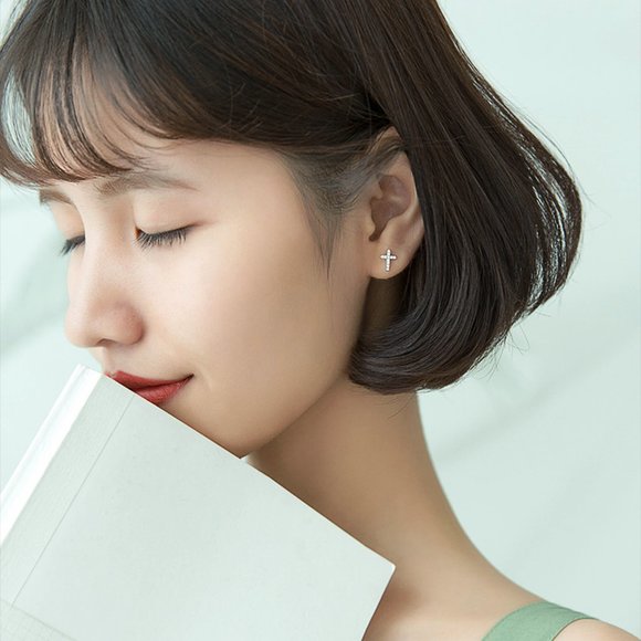 Simple Small Tiny Cross Stud Earrings 0.8 x 1.0cm with Cubic Zirconia - Picture 6 of 7